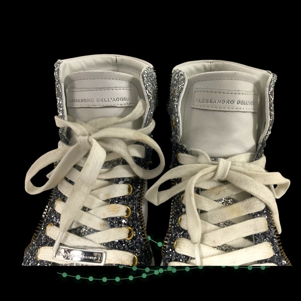 Alessandro Dell’Acqua Sneaker SZ 9 Leather Glitter White Silver Streetwear Women - Picture 3 of 12